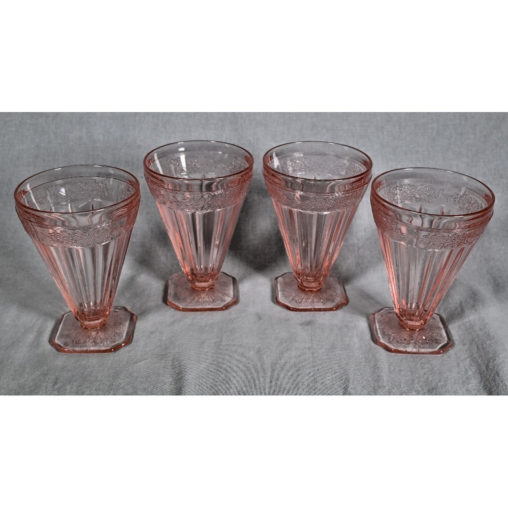 Set of 4 Jeannette Adam Pink Depression Glass Footed Tumblers 8 Oz Vintage